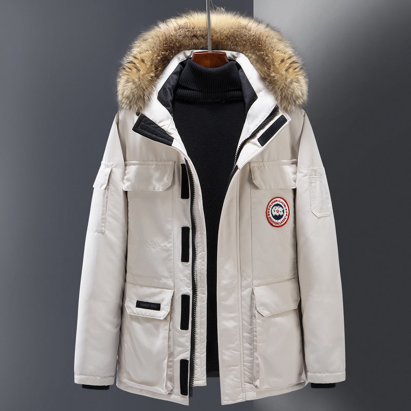 Men's down parka, mid-length, for outdoor activities