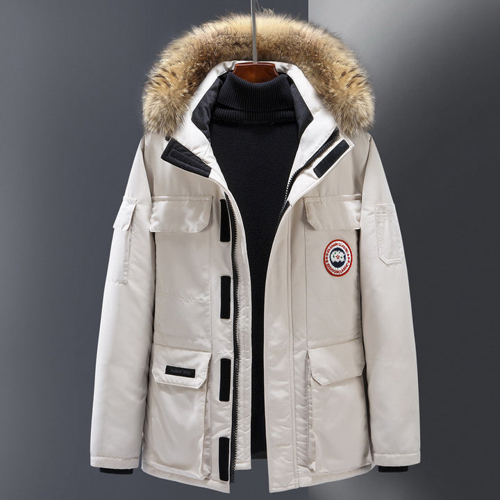 Men's down parka, mid-length, for outdoor activities