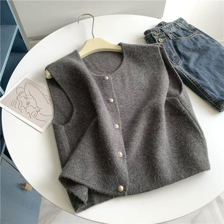 Women's knit sweater with stand-up collar, solid color