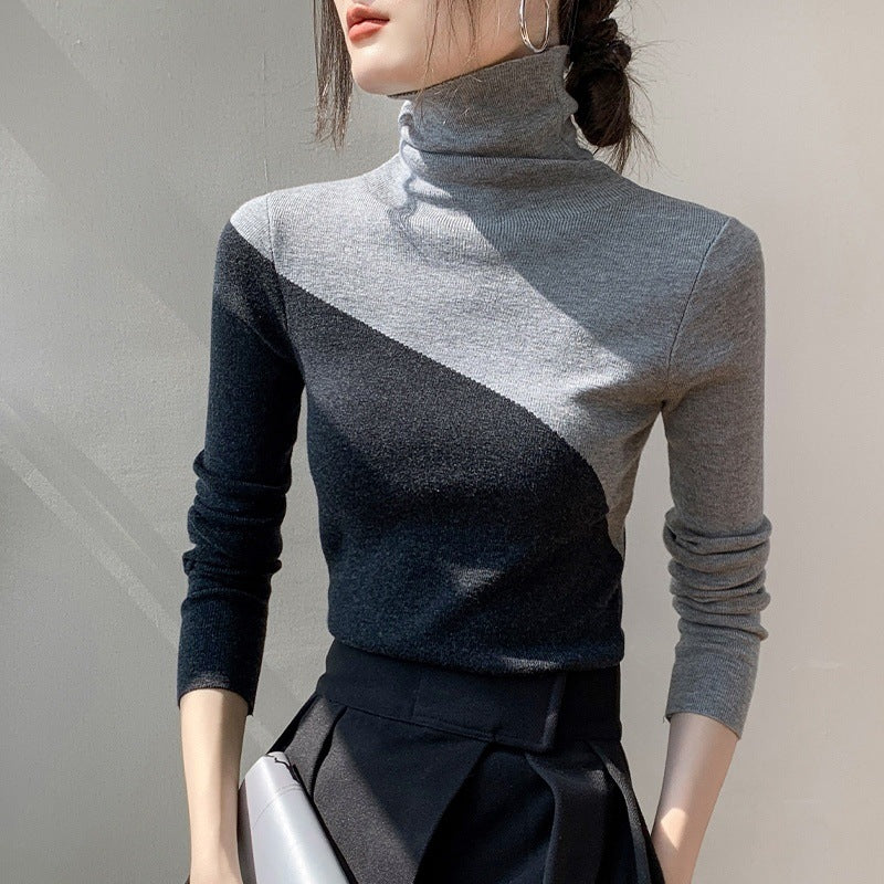 Narrow knit sweater with stand-up collar and color accents