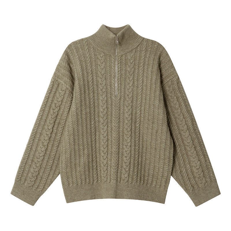 Women's knit pullover with zipper and rib pattern