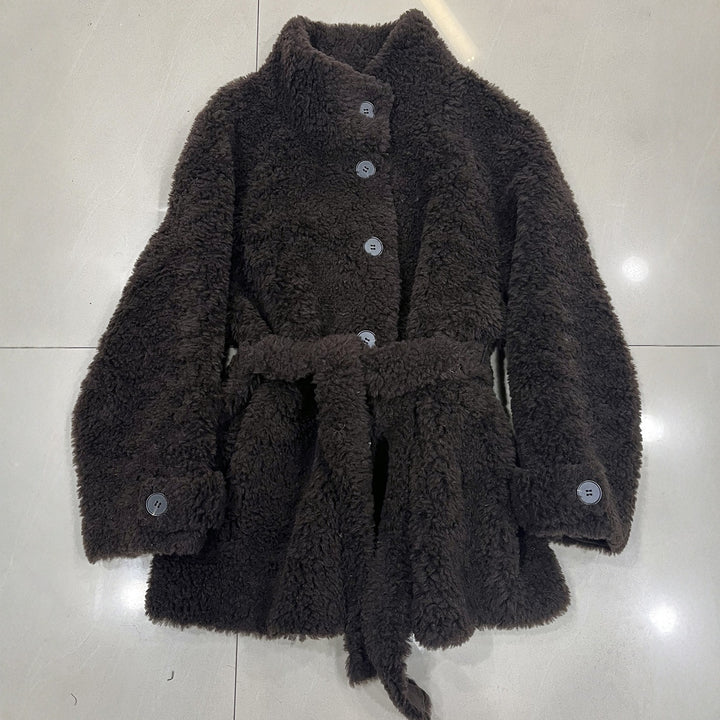 Sheepskin coat with tie belt