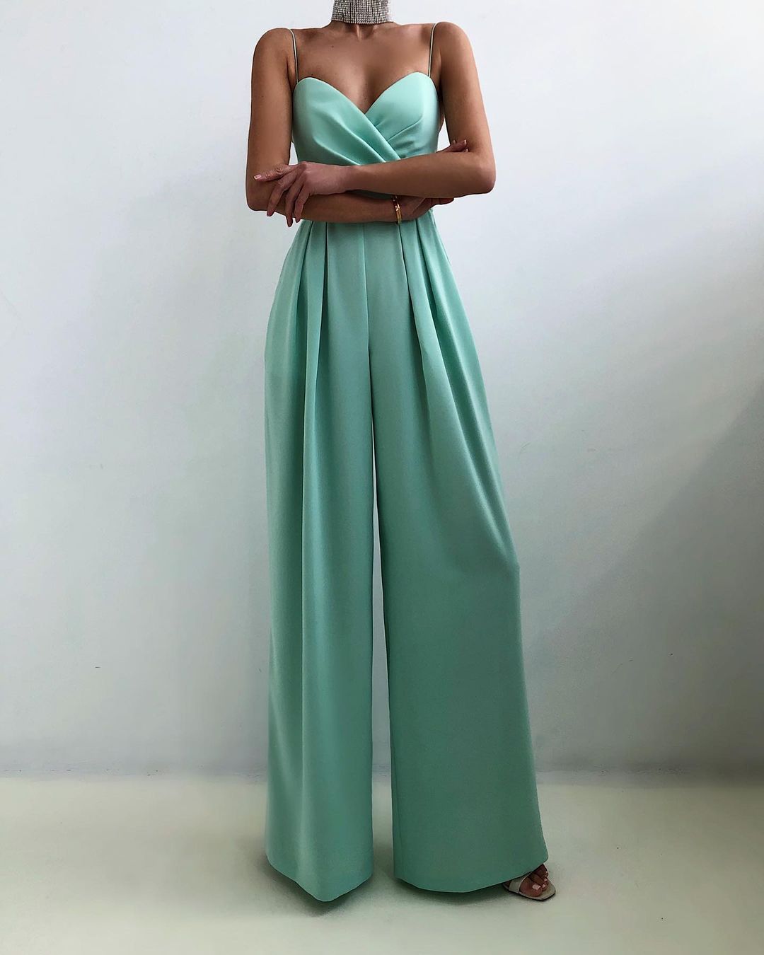 Jumpsuit with straight leg and high waist and spaghetti straps