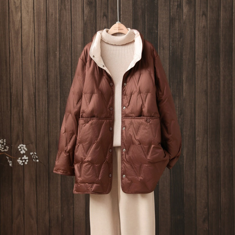Women's down jacket, reversible, lightweight, mid-length