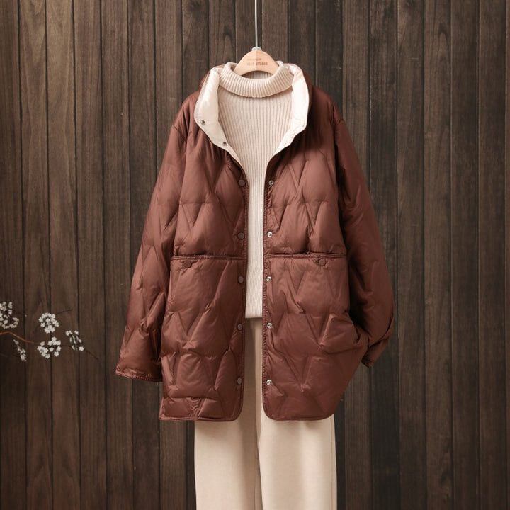 Women's down jacket, reversible, lightweight, mid-length