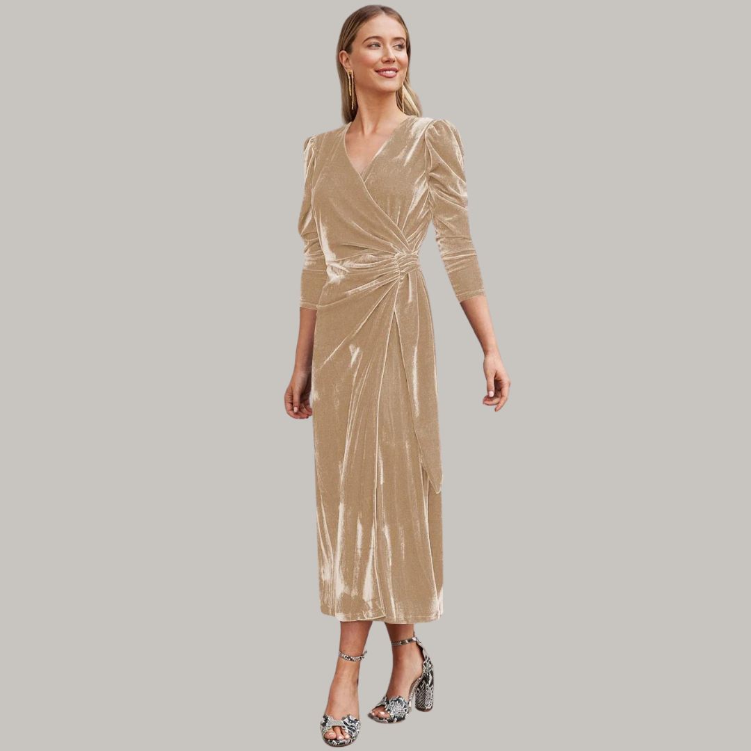 Mune | Long Midi Dress Wrap-Type of Velours with Puff Sleeves