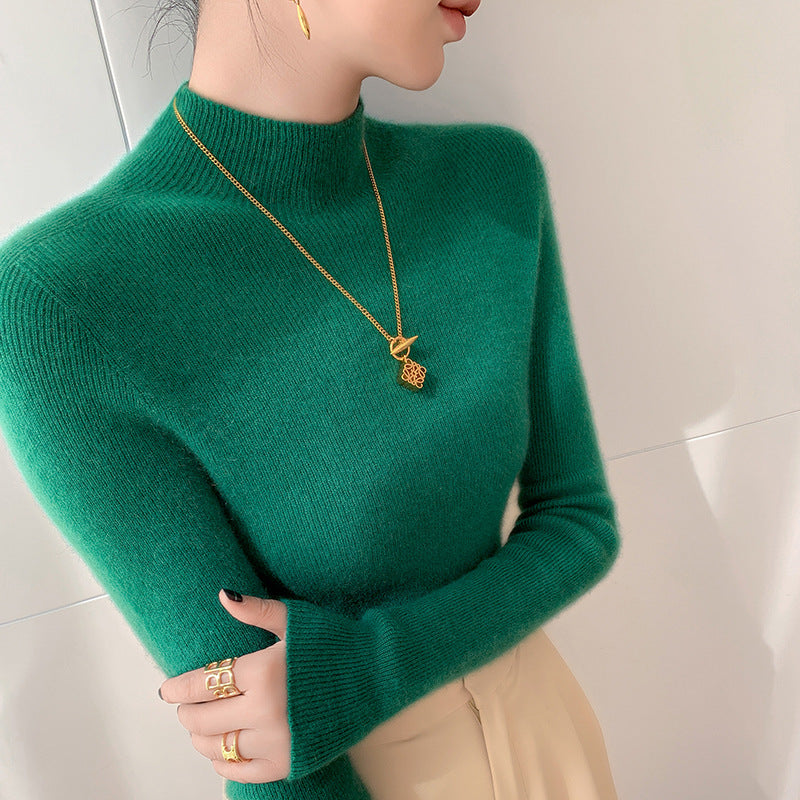 Women's cashmere sweater, stand-up collar, slim fit