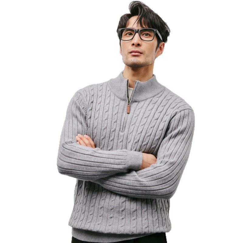 Men's knit sweater with stand-up collar and zipper