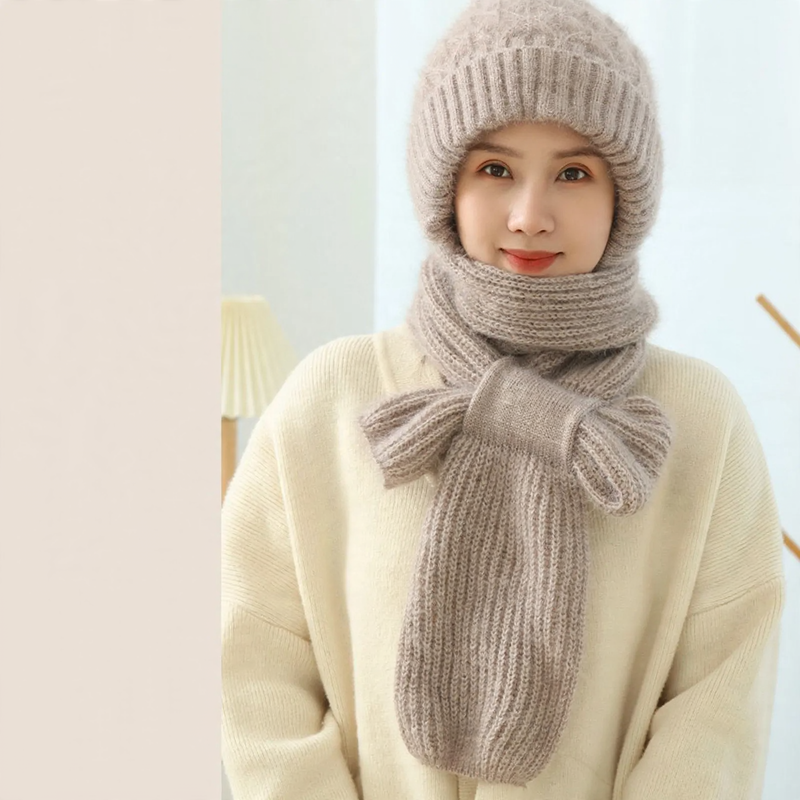 Padded knit cap with scarf for women