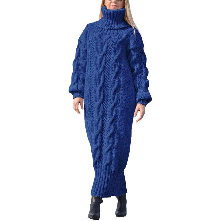Long women's turtleneck sweater with cable pattern