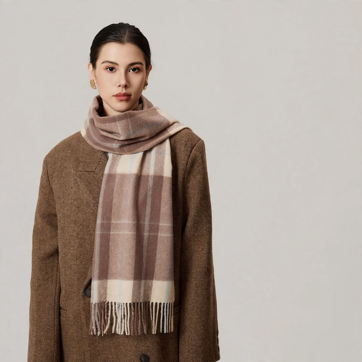 Checked wool scarf with fringes, 100% wool