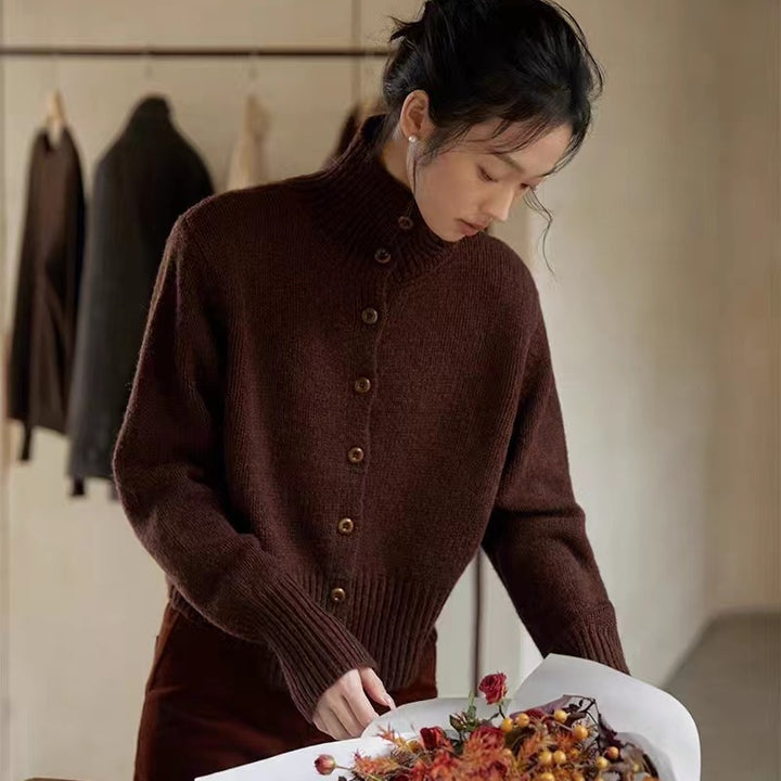 Women's cardigan made of 100% wool, stand-up collar
