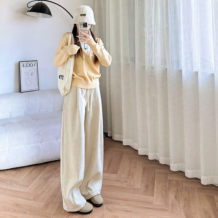 Cord Wide Trousers with High Waist, Lined