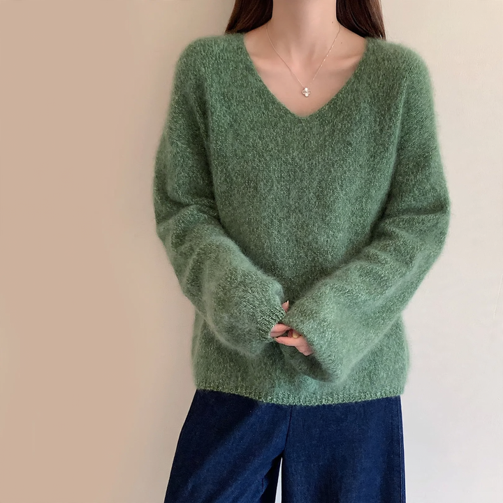 Ladies V-neck Sweater, Wool-Cashmere, Brushed
