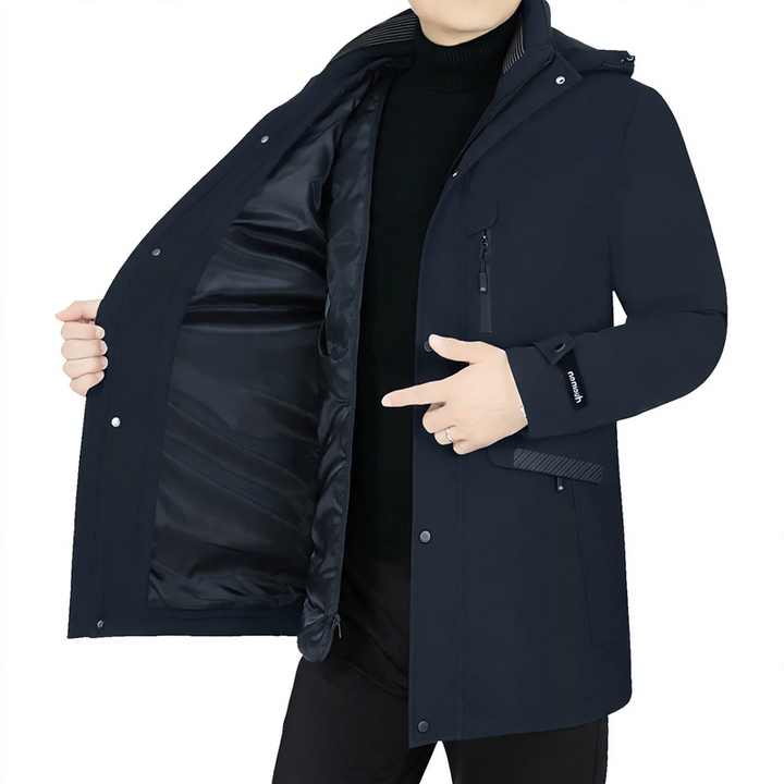 Men's down coat, medium length, with removable inner lining