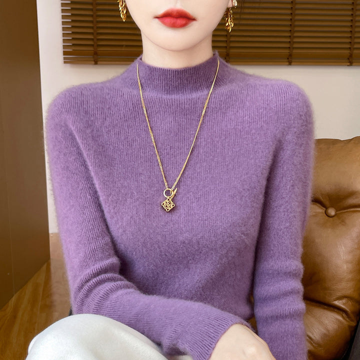 Women's knitted pullover with stand-up collar, fitted