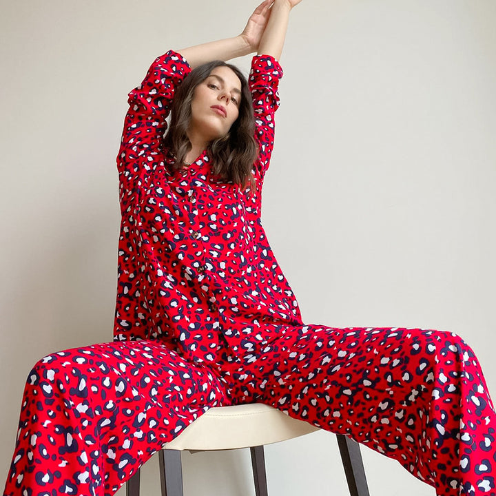 Women’s Pajama Set, Long Sleeve, Viscose, Leopard Print