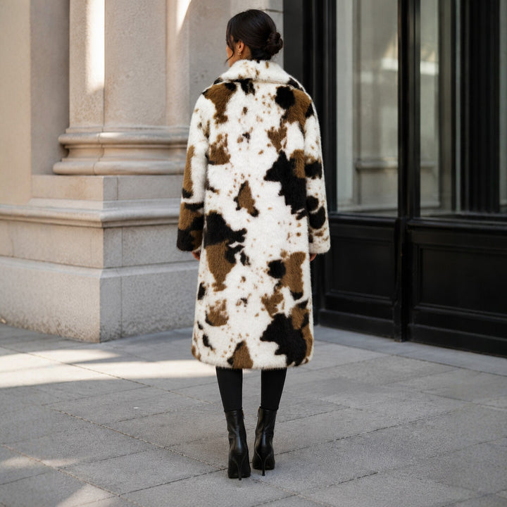 Long faux fur coat with cowhide pattern