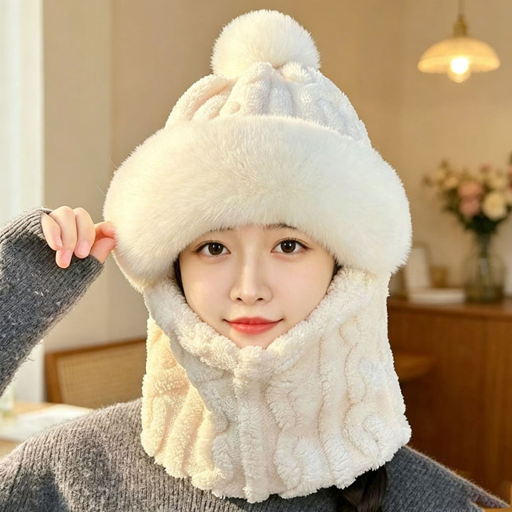 Plush hat with ears and scarf, one size