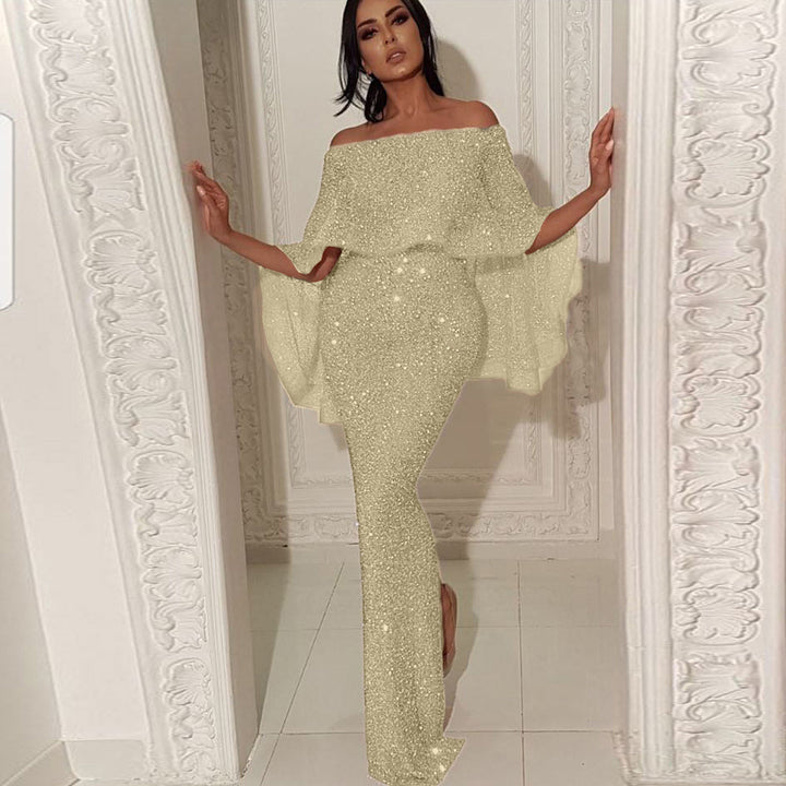 Women's evening jumpsuit with off-the-shoulder cape insert and shimmering stretch fabric Mune Fashion