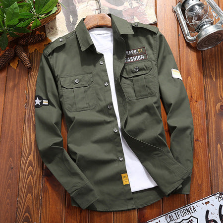 Men's utility shirt jacket with shoulder flaps, patch chest pockets, and patch applications Mune Fashion
