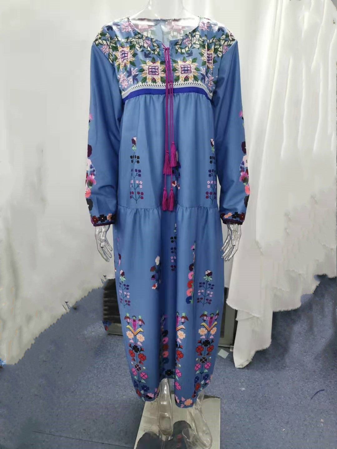 Ladies embroidered maxi dress with long sleeves, tassel closure and folkloric embroidery Mune Fashion