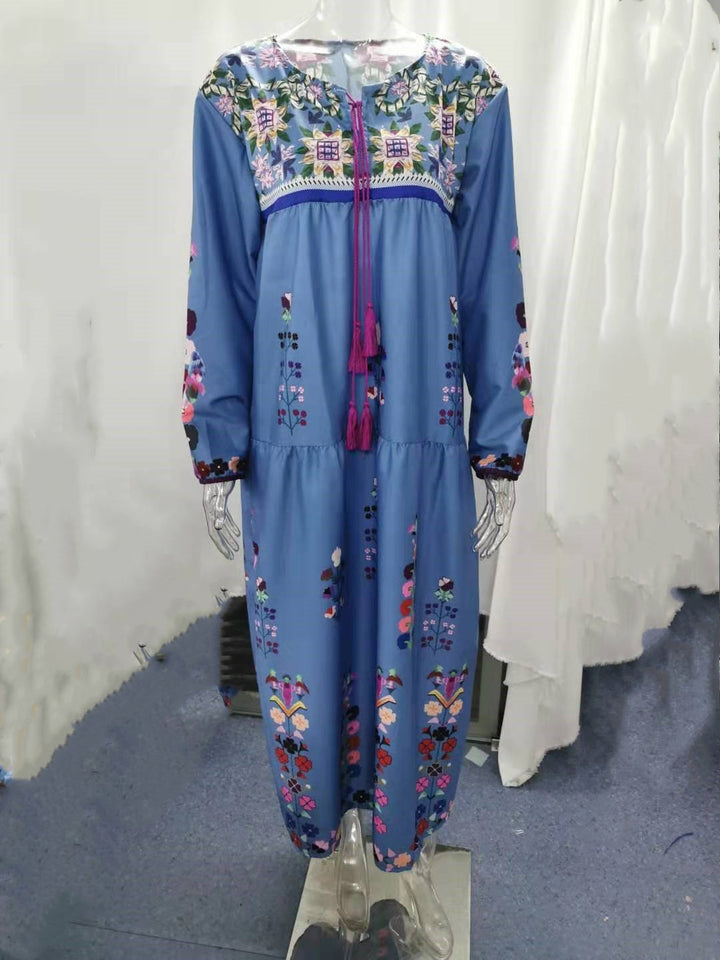 Ladies embroidered maxi dress with long sleeves, tassel closure and folkloric embroidery Mune Fashion