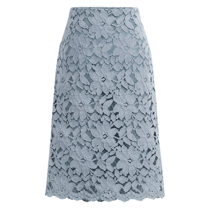 Ladies knee-length A-line lace skirt with floral appliqué lace, high waist and wavy hem Mune Fashion