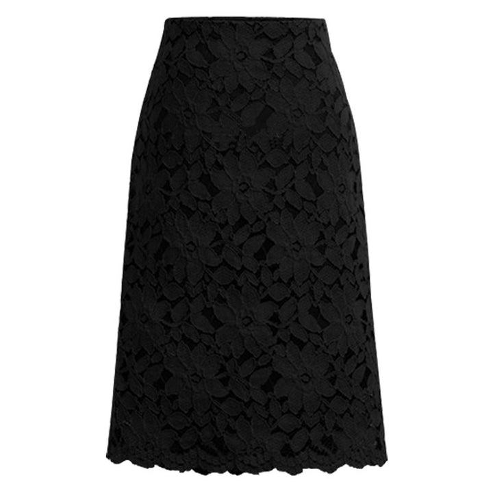 Ladies knee-length A-line lace skirt with floral appliqué lace, high waist and wavy hem Mune Fashion