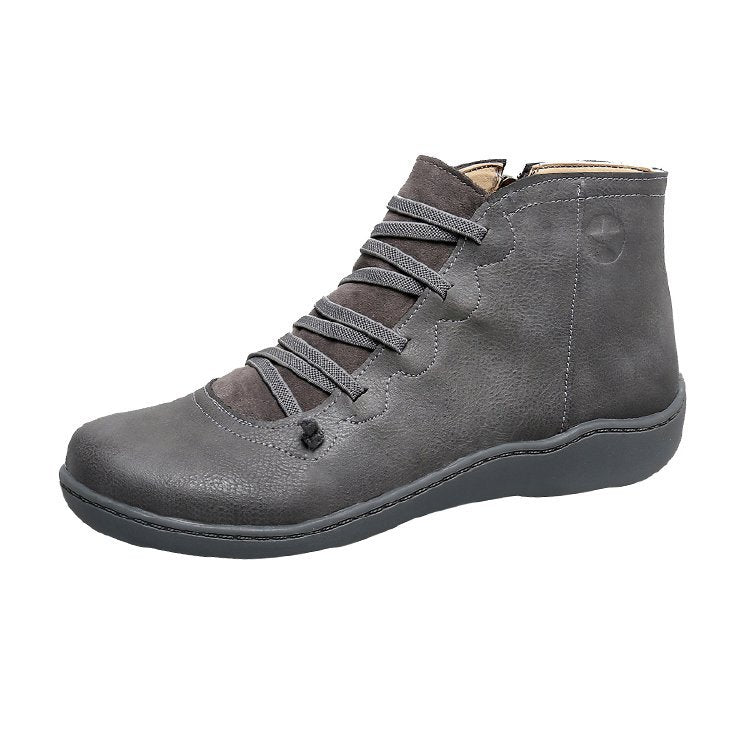 Women's ankle-high lace-up boot with side zipper, soft leatherette, padded comfort footbed, and flexible lightweight sole Mune Fashion