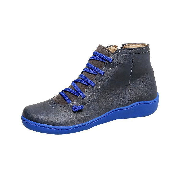 Women's ankle-high lace-up boot with side zipper, soft leatherette, padded comfort footbed, and flexible lightweight sole Mune Fashion