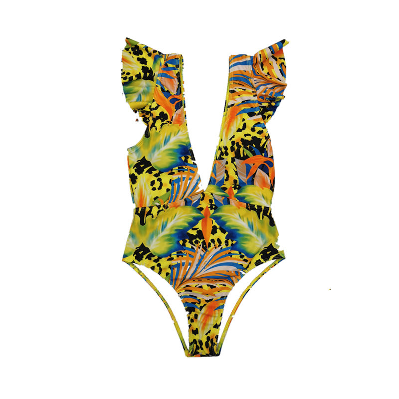 Women's One-Piece Swimsuit with Deep V-Neck and Cheerful Floral Pattern Mune Fashion