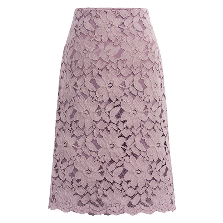Ladies knee-length A-line lace skirt with floral appliqué lace, high waist and wavy hem Mune Fashion