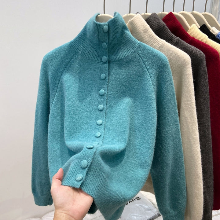 Ladies' cardigan with standing collar and button placket