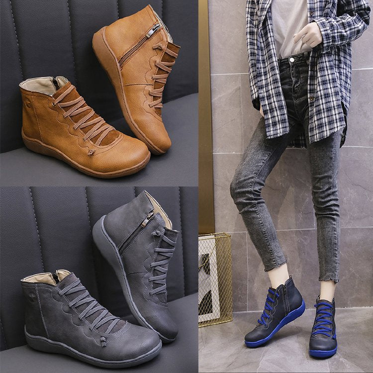 Women's ankle-high lace-up boot with side zipper, soft leatherette, padded comfort footbed, and flexible lightweight sole Mune Fashion
