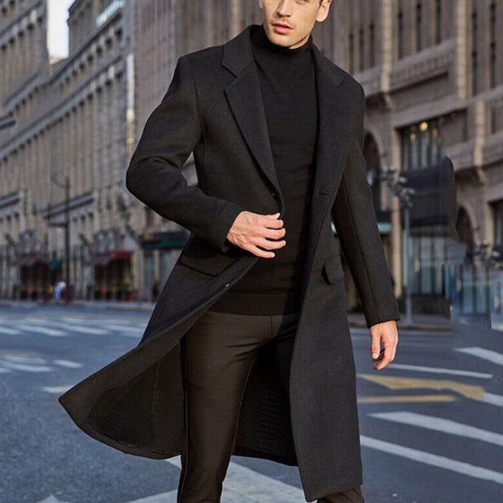Men's Elegant Longline Coat Made of Wool Blend with Slim Silhouette and Notched Lapel Mune Fashion