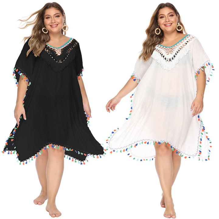 Ladies airy beach poncho with colorful tassel edge Mune Fashion