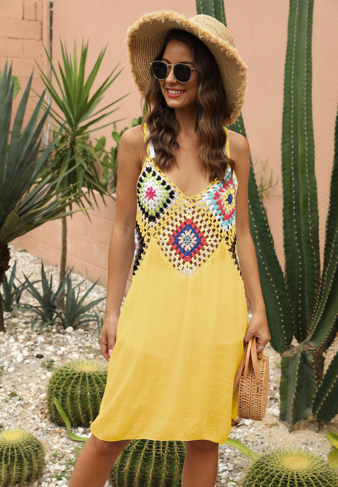 Ladies airy crochet dress with colorful appliqués Mune Fashion