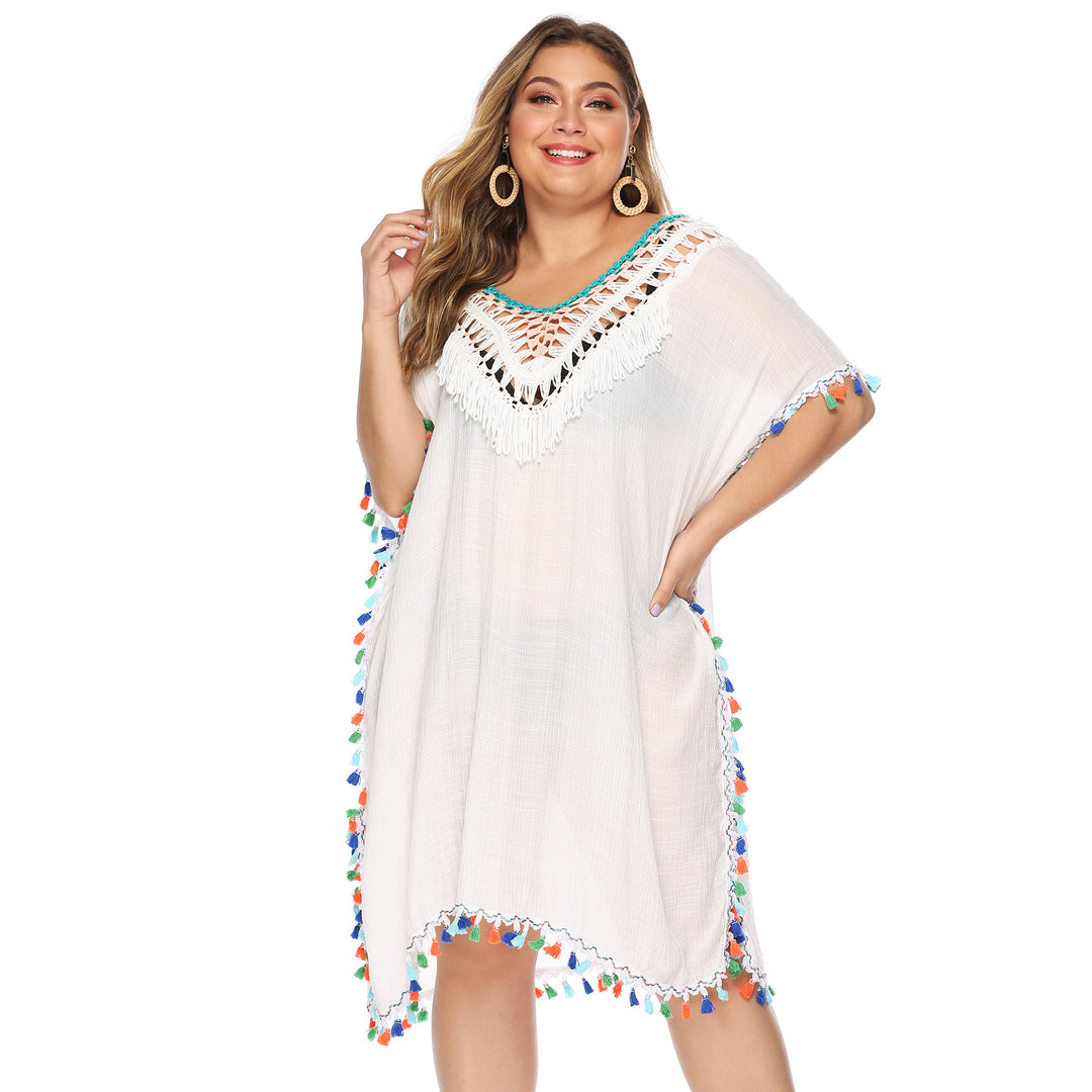 Ladies airy beach poncho with colorful tassel edge Mune Fashion
