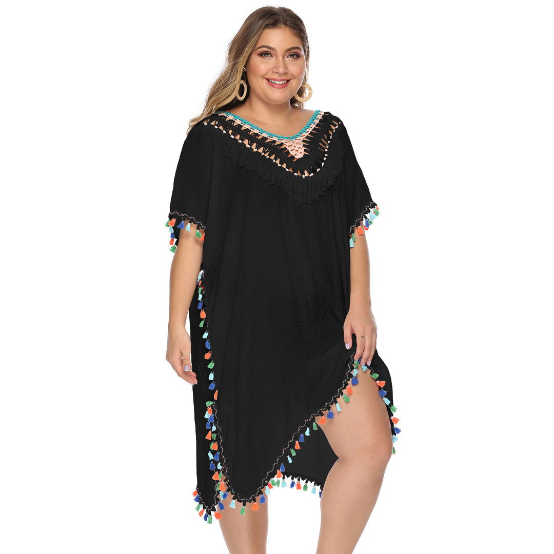 Ladies airy beach poncho with colorful tassel edge Mune Fashion