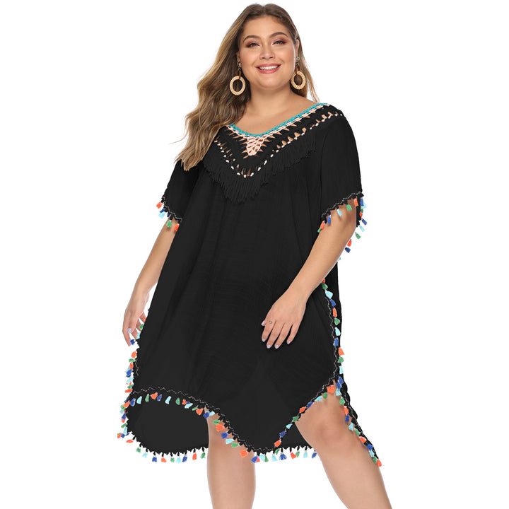 Ladies airy beach poncho with colorful tassel edge Mune Fashion