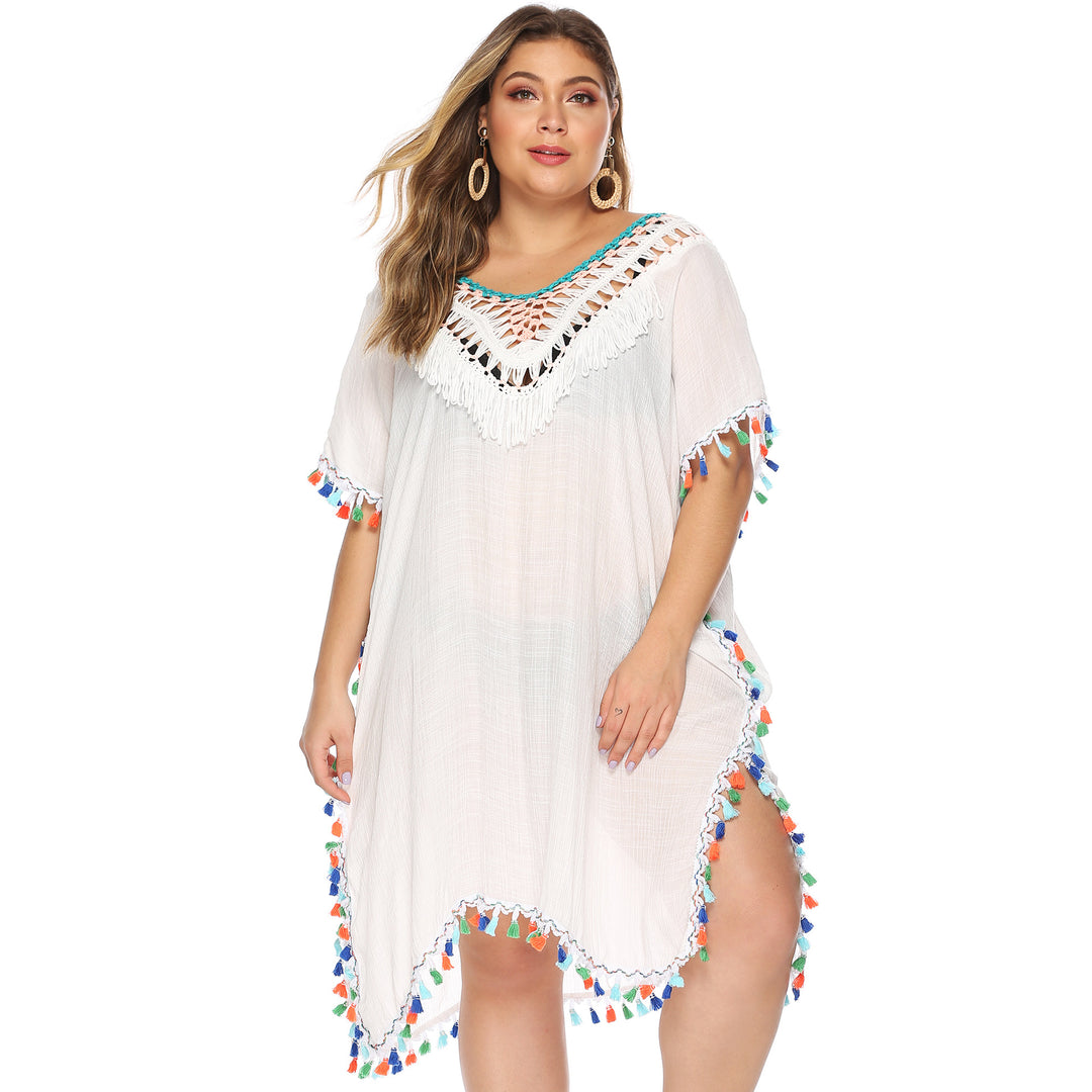 Ladies airy beach poncho with colorful tassel edge Mune Fashion