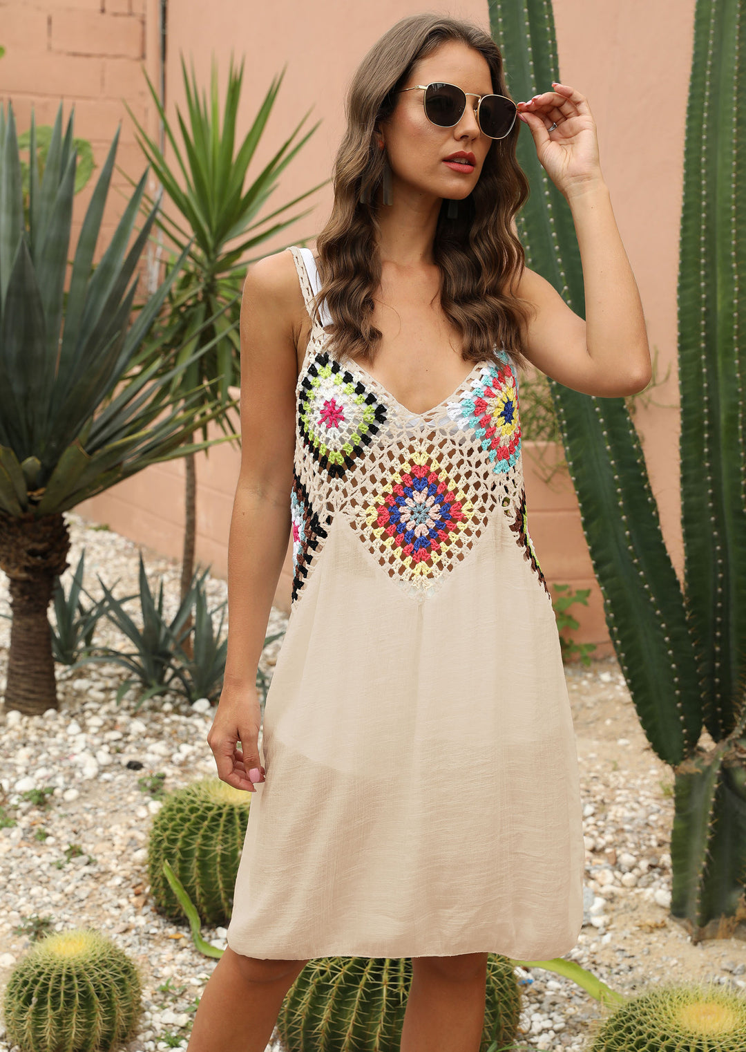 Ladies airy crochet dress with colorful appliqués Mune Fashion