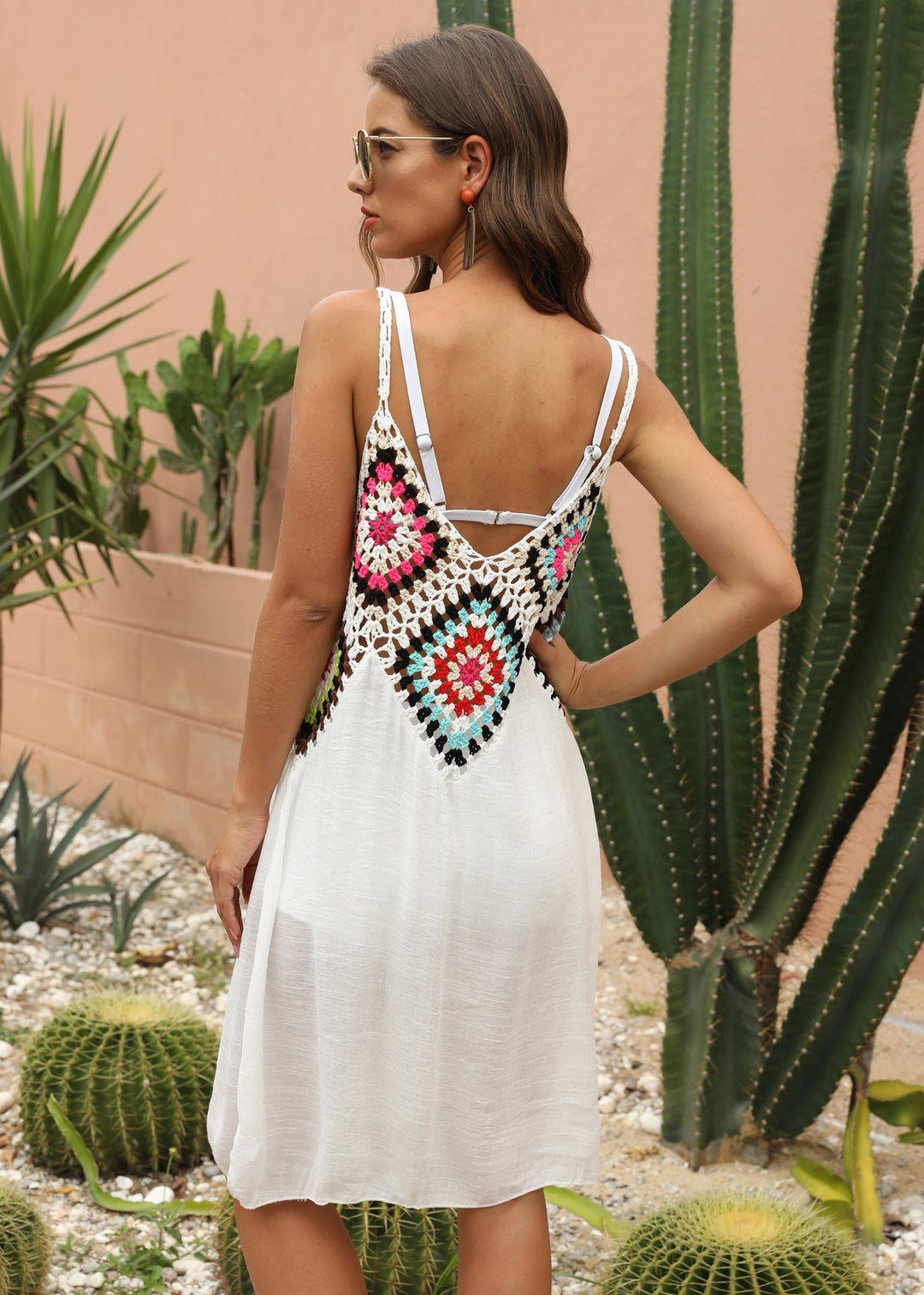 Ladies airy crochet dress with colorful appliqués Mune Fashion