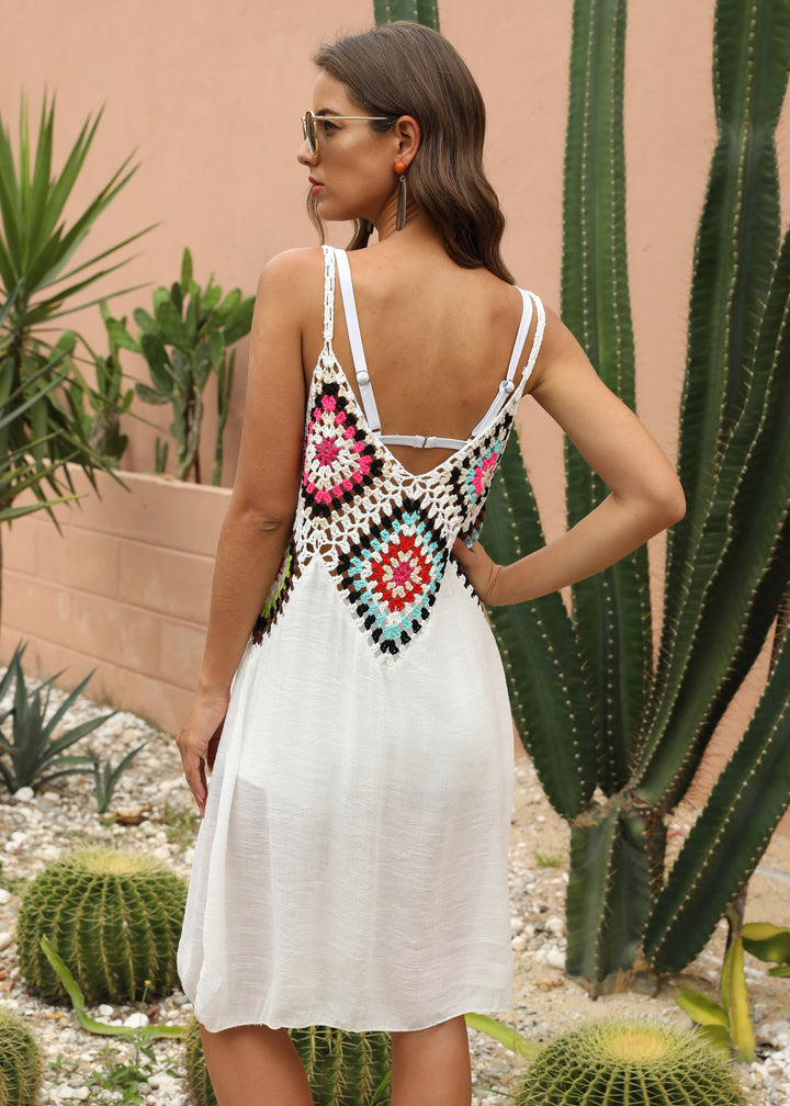 Ladies airy crochet dress with colorful appliqués Mune Fashion