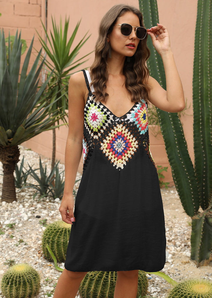 Ladies airy crochet dress with colorful appliqués Mune Fashion