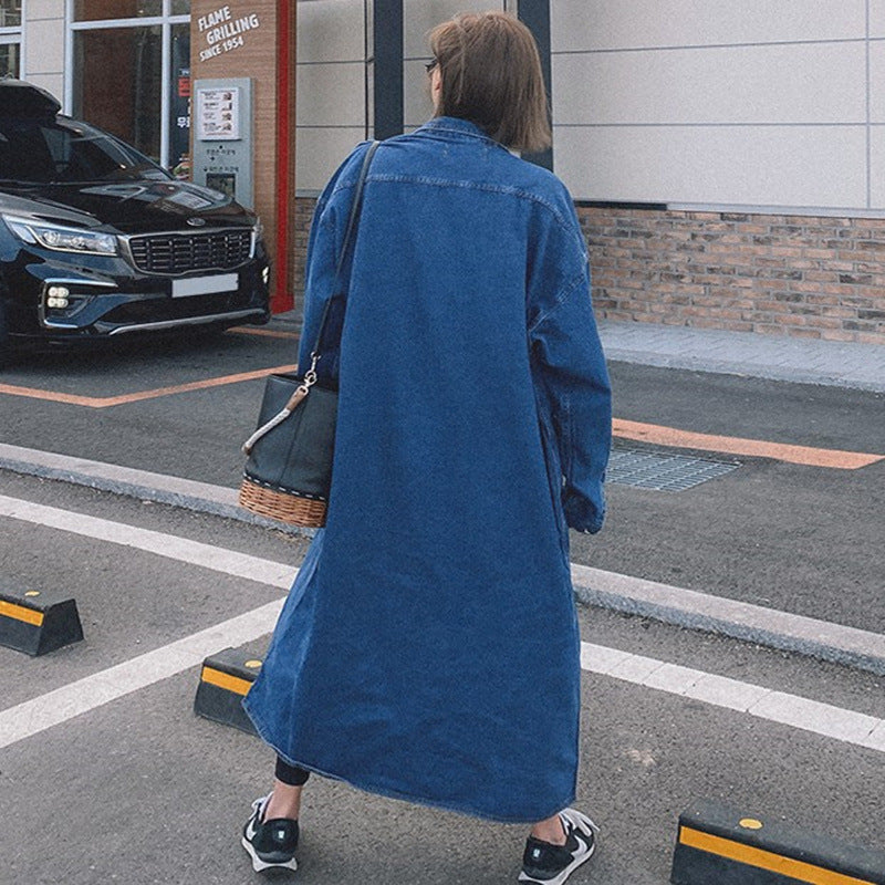 Women's Longline Denim Shirt Coat with Boxy Oversized Silhouette and Continuous Button Placket Mune Fashion