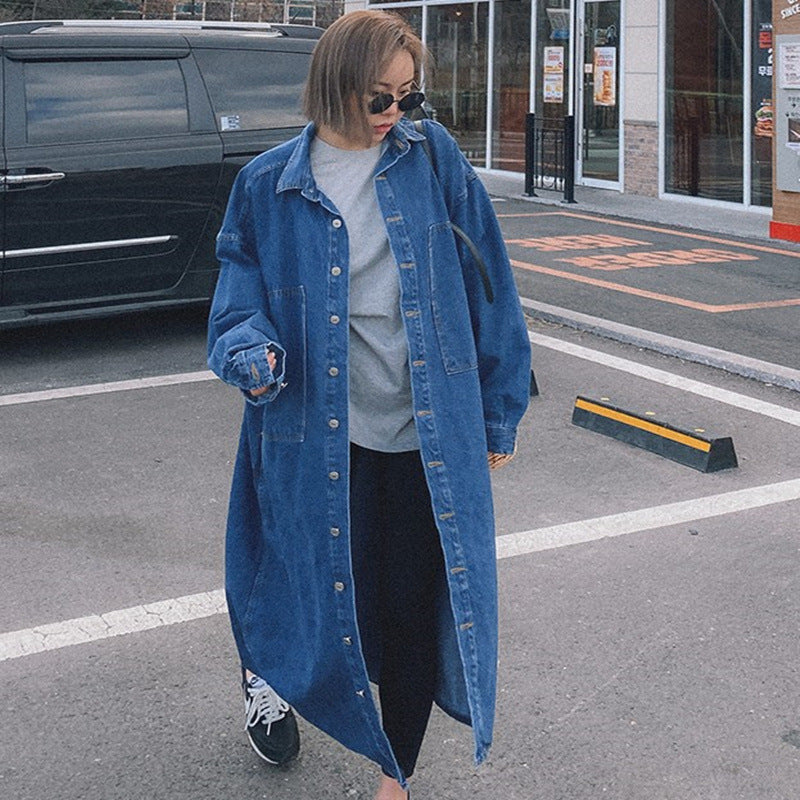 Women's Longline Denim Shirt Coat with Boxy Oversized Silhouette and Continuous Button Placket Mune Fashion
