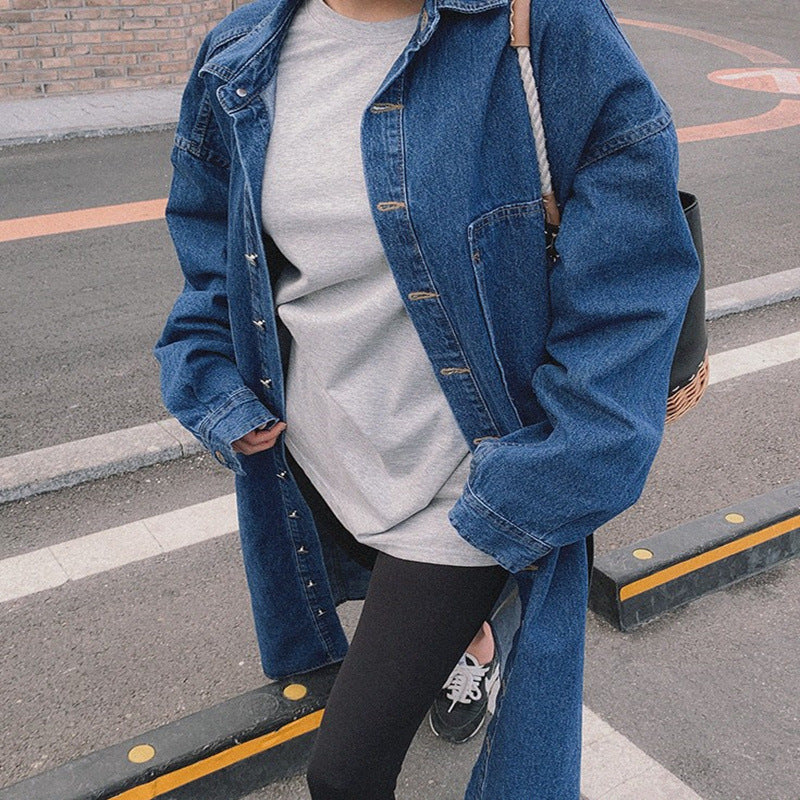 Women's Longline Denim Shirt Coat with Boxy Oversized Silhouette and Continuous Button Placket Mune Fashion