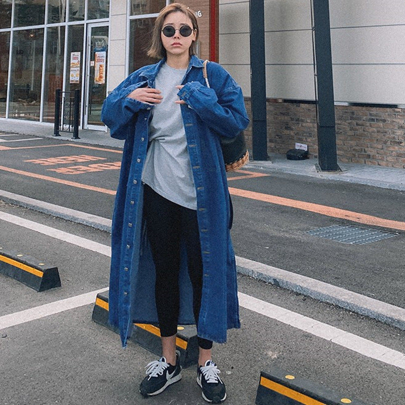 Women's Longline Denim Shirt Coat with Boxy Oversized Silhouette and Continuous Button Placket Mune Fashion